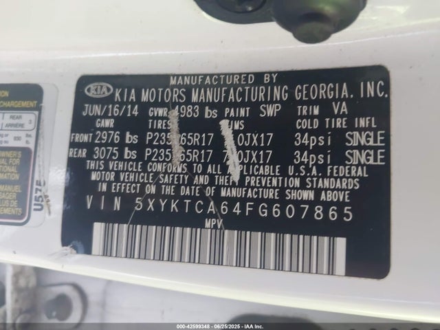 Продажа на аукционе авто 2015 Kia Sorento Lx, vin: 5XYKTCA64FG607865, номер лота: 42599348