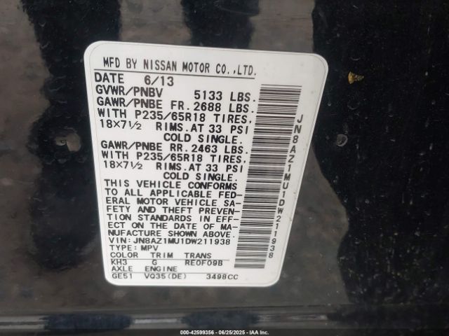 2013 NISSAN MURANO JN8AZ1MU1DW211938 Photo 8