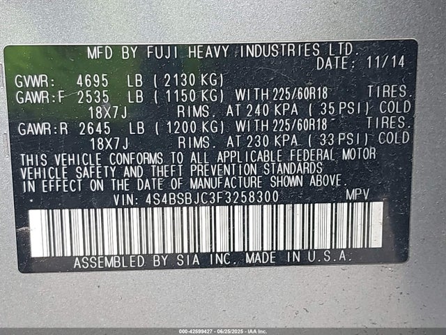 4S4BSBJC3F3258300 Subaru 2.5l u6