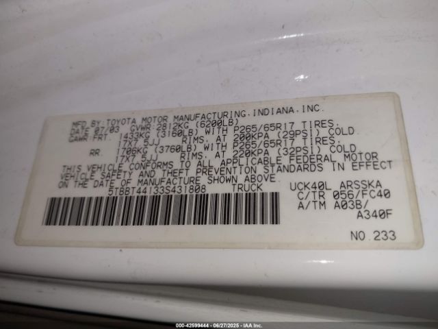 2003 TOYOTA TUNDRA 5TBBT44133S431808 Photo 8