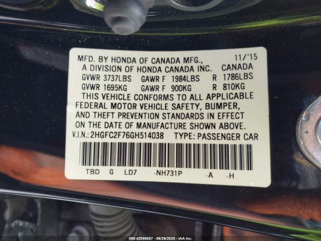 2016 HONDA CIVIC 2HGFC2F76GH514038 Photo 8