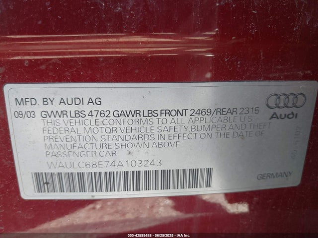 2004 AUDI A4 WAULC68E74A103243 Photo 8