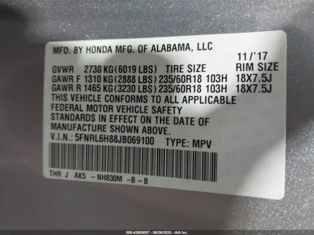 2018 HONDA ODYSSEY 5FNRL6H88JB069100 Photo 8