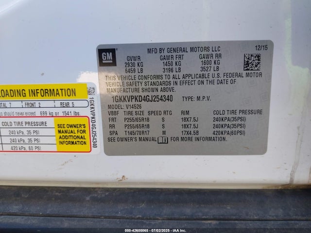 1GKKVPKD4GJ254340 GMC llt - sidi, alum, 60 degrees