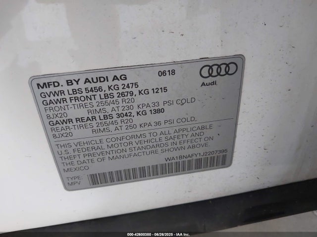 Aukcja sprzedaży 2018 Audi Q5 2.0t Premium/2.0t Tech Premium, vin: WA1BNAFY1J2207395, numer aukcji: 42600380