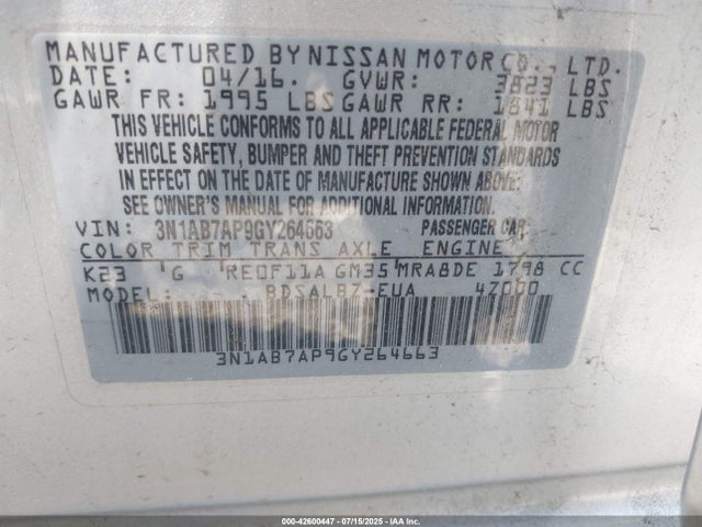 3N1AB7AP9GY264663 Nissan Sentra