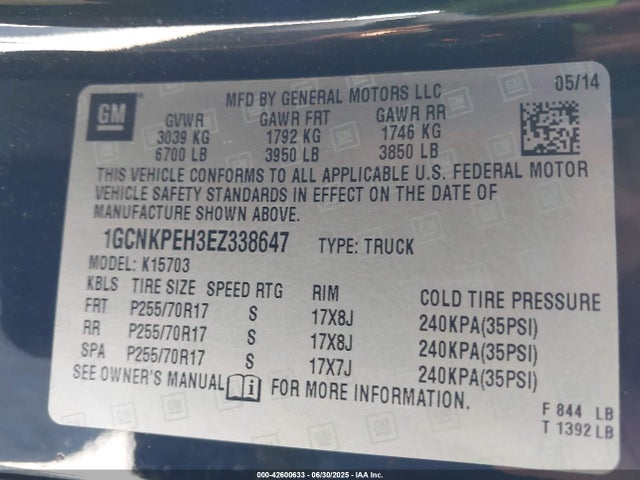 1GCNKPEH3EZ338647 Chevrolet lv3 - vvt, aluminum, e85 max