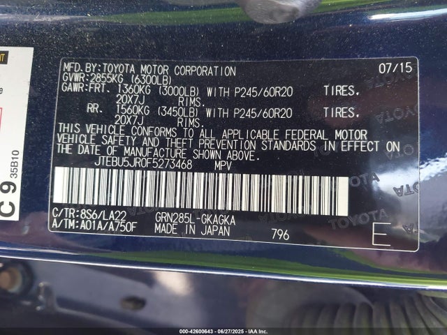 Toyota 1gr-fe 2015 JTEBU5JR0F5273468 Image 9