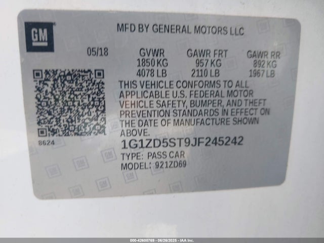 1G1ZD5ST9JF245242 Chevrolet lfv - direct injection, variable valve timing, gen 1