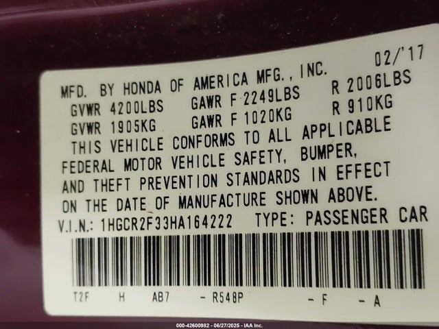 1HGCR2F33HA164222 Honda k24w1