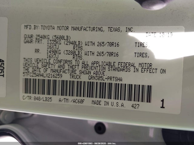 5TFCZ5AN4LX216259 Toyota 2gr-fks
