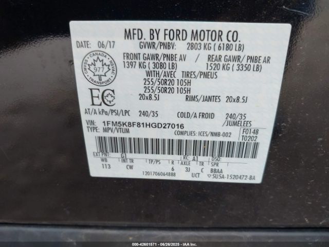 2017 FORD EXPLORER 1FM5K8F81HGD27016 Photo 8
