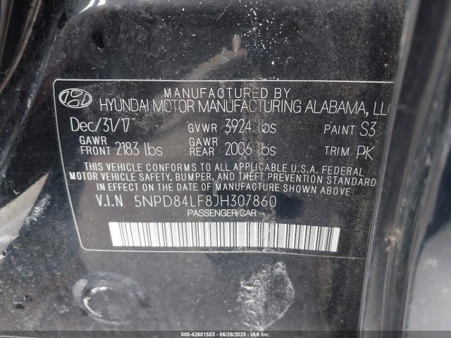 5NPD84LF8JH307860 Hyundai mpi nu