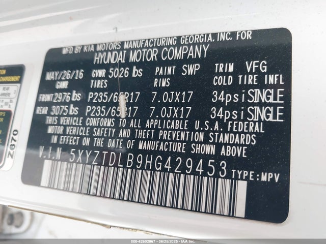 5XYZTDLB9HG429453 Hyundai gdi theta ii