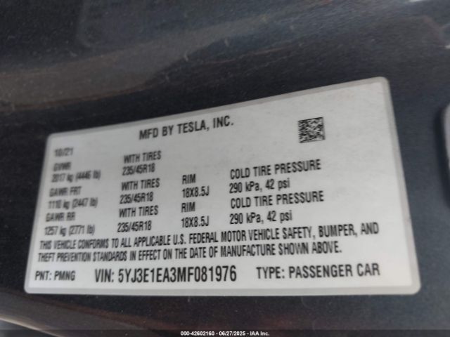 2021 TESLA MODEL 3 5YJ3E1EA3MF081976 Photo 8