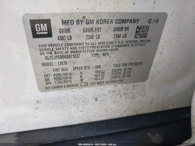 KL7CJPSB8KB871637 Chevrolet luv - mfi, variable valve timing, e85 max, alum