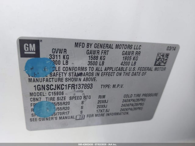 1GNSCJKC1FR137893 Chevrolet l83 - vvt, active fuel management, aluminum
