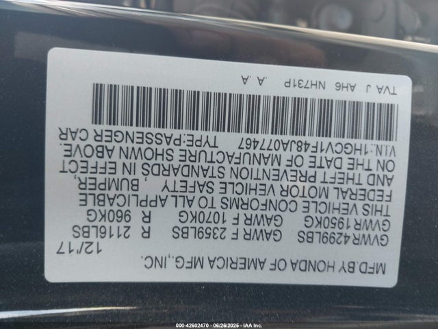 1HGCV1F48JA077467 Honda l15be
