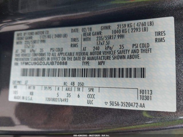 1FMCU9GD3JUB70888 Ford 1.5l gtdi sigma w/premium fuel