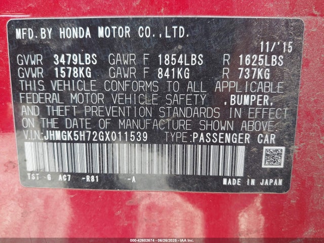 JHMGK5H72GX011539 Honda l15b1