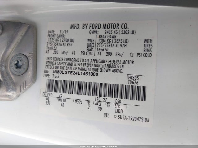Aukcja sprzedaży 2020 Ford Transit Connect Xl Cargo Van, vin: NM0LS7E24L1461000, numer aukcji: 42602774
