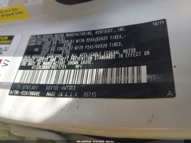 Toyota 2gr-fe 2015 4T3ZK3BB6FU071791 Image 9