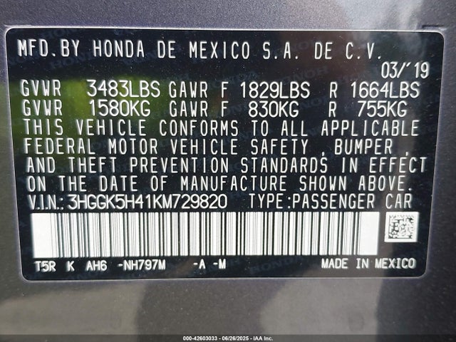 3HGGK5H41KM729820 Honda l15b1