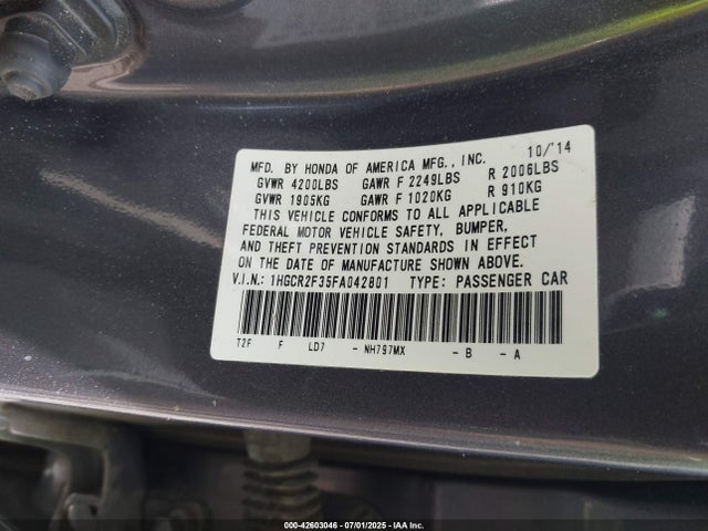 Honda k24w1 2015 1HGCR2F35FA042801 Image 9