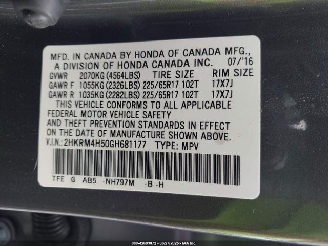 Honda k24w9 2016 2HKRM4H50GH681177 Image 9