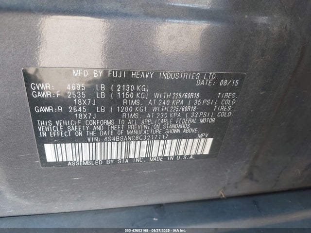 4S4BSANC8G3217117 Subaru 2.5l u5