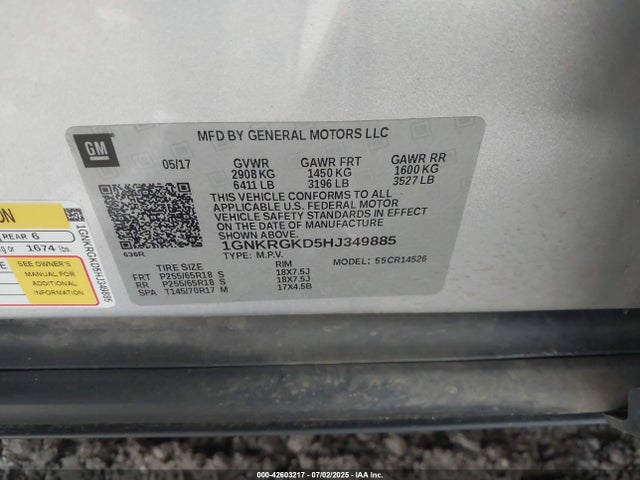 1GNKRGKD5HJ349885 Chevrolet llt - sidi: spark ignited direct injection, alum, 60 degrees