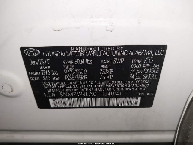 5NMZW4LA0HH040141 Hyundai t-gdi theta ii