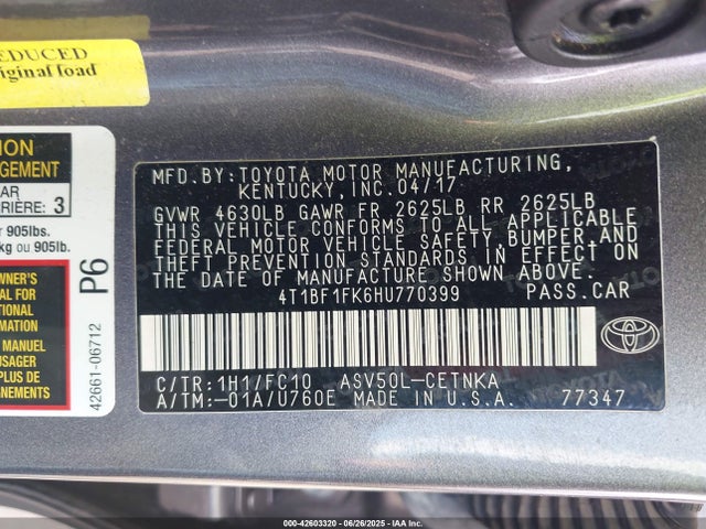 42603320 :رقم المزاد ، 4T1BF1FK6HU770399 vin ، 2017 Toyota Camry Le مزاد بيع