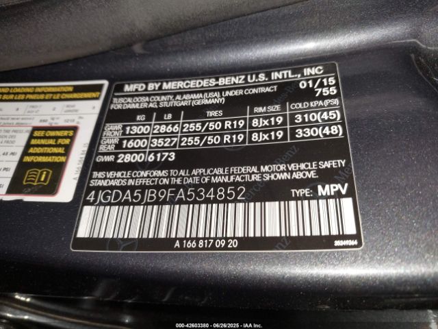 2015 MERCEDES-BENZ ML 350 4JGDA5JB9FA534852 Photo 8