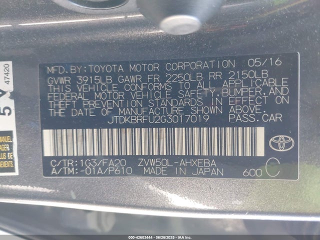 JTDKBRFU2G3017019 Toyota 2zr-fxe,1nm