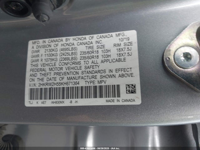 Auction sale of the 2019 Honda Cr-v Ex, vin: 2HKRW2H55KH671364, lot number: 42603496