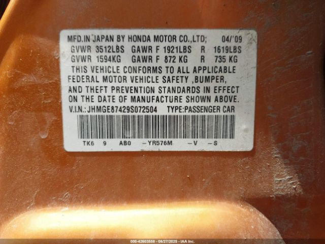 2009 HONDA FIT JHMGE87429S072504 Photo 8