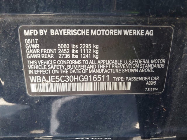 WBAJE5C30HG916511 BMW 2017