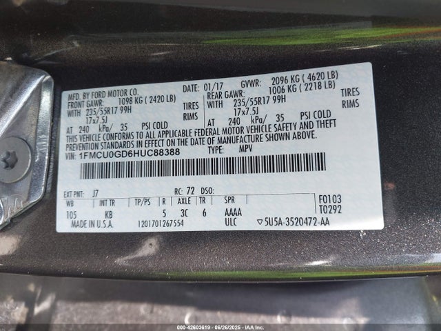 1FMCU0GD6HUC88388 Ford gtdi sigma w/premium fuel