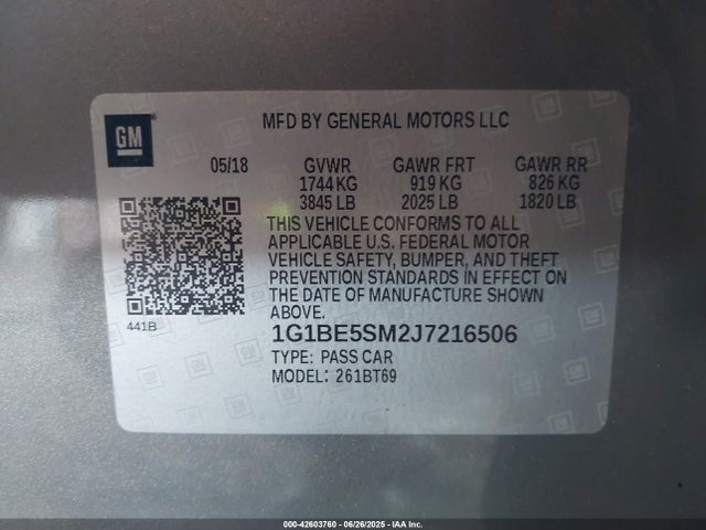 1G1BE5SM2J7216506 Chevrolet le2 -di: direct injection, vvt: variable valve timing, gen, alum