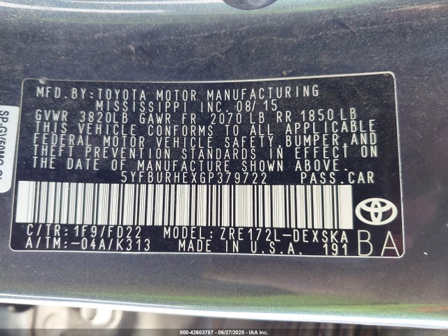 5YFBURHEXGP379722 Toyota 2zr-fe