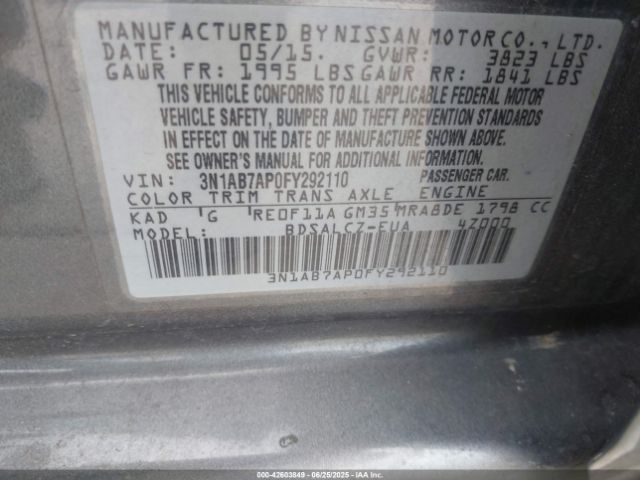 3N1AB7AP0FY292110 Nissan 2015