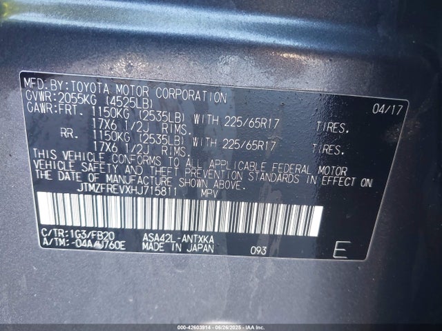 JTMZFREVXHJ715811 Toyota 2ar-fe