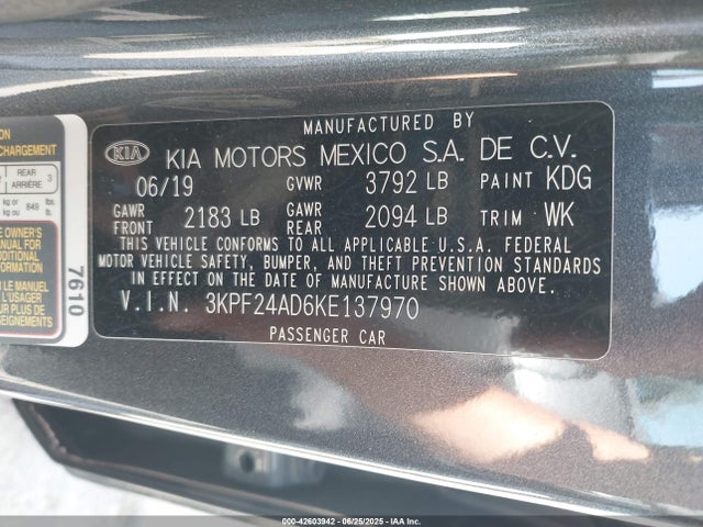 3KPF24AD6KE137970 KIA mpi nu