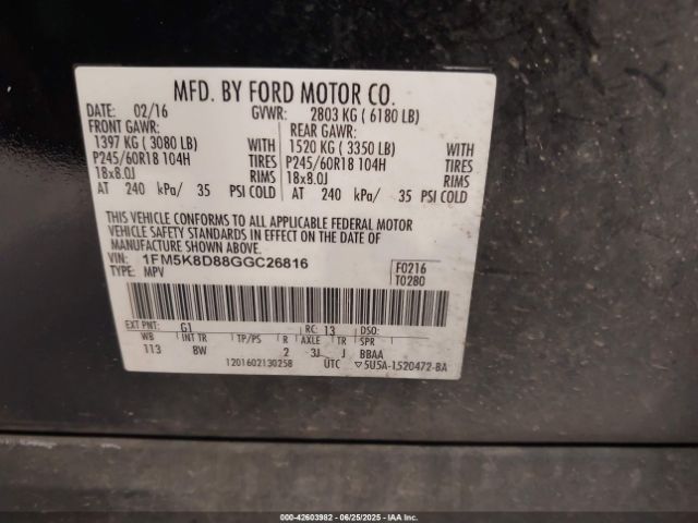 2016 FORD EXPLORER 1FM5K8D88GGC26816 Photo 8