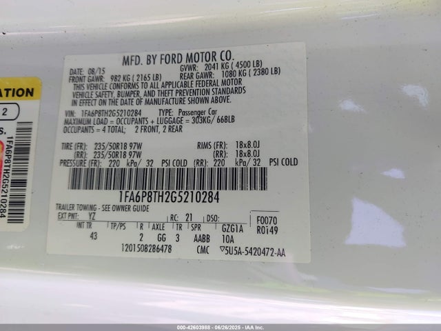 Продажа на аукционе авто 2016 Ford Mustang Ecoboost, vin: 1FA6P8TH2G5210284, номер лота: 42603988