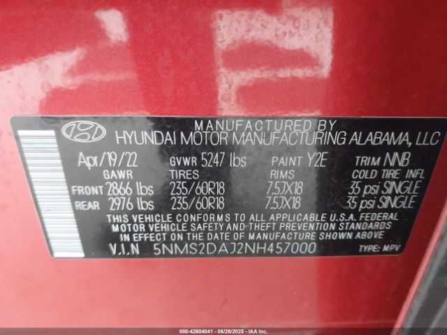 2022 HYUNDAI SANTA FE 5NMS2DAJ2NH457000 Photo 8