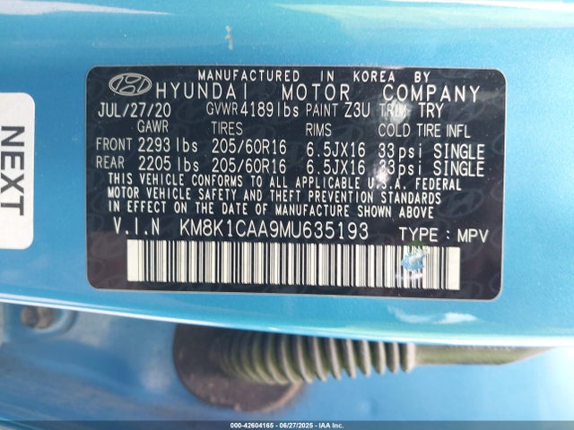 KM8K1CAA9MU635193 Hyundai mpi nu