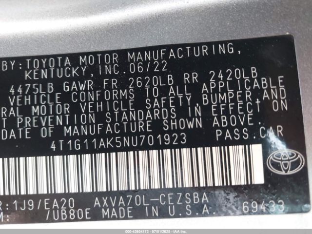 2022 TOYOTA CAMRY 4T1G11AK5NU701923 Photo 8