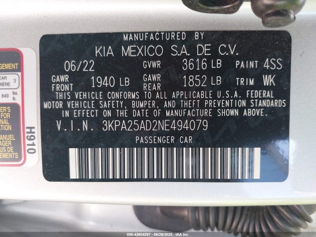 3KPA25AD2NE494079 KIA mpi gamma ii